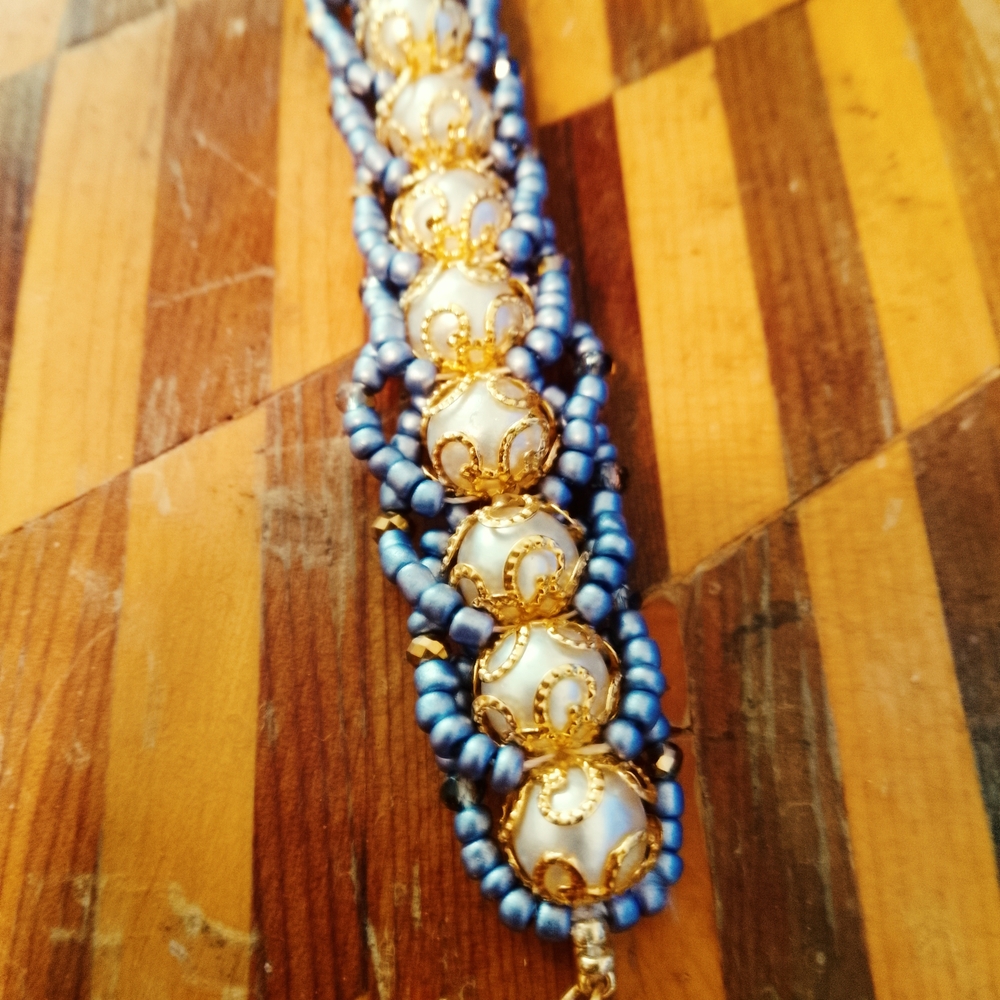 Gold and Blue Crystal Pearl Bracelet